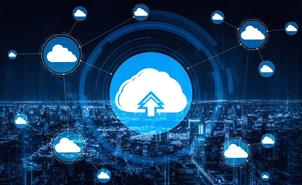 Cloud computing technology and online data storage for business network concept. Computer connects to internet server service for cloud data transfer presented in 3D futuristic graphic interface.